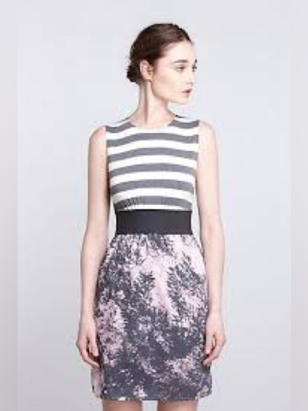 Pipit three Striped Bodice Midi Dress in Gray and Soft Pink
